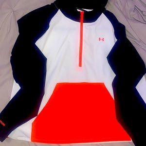 Womens Under Armour woven color block half zip hoodie.